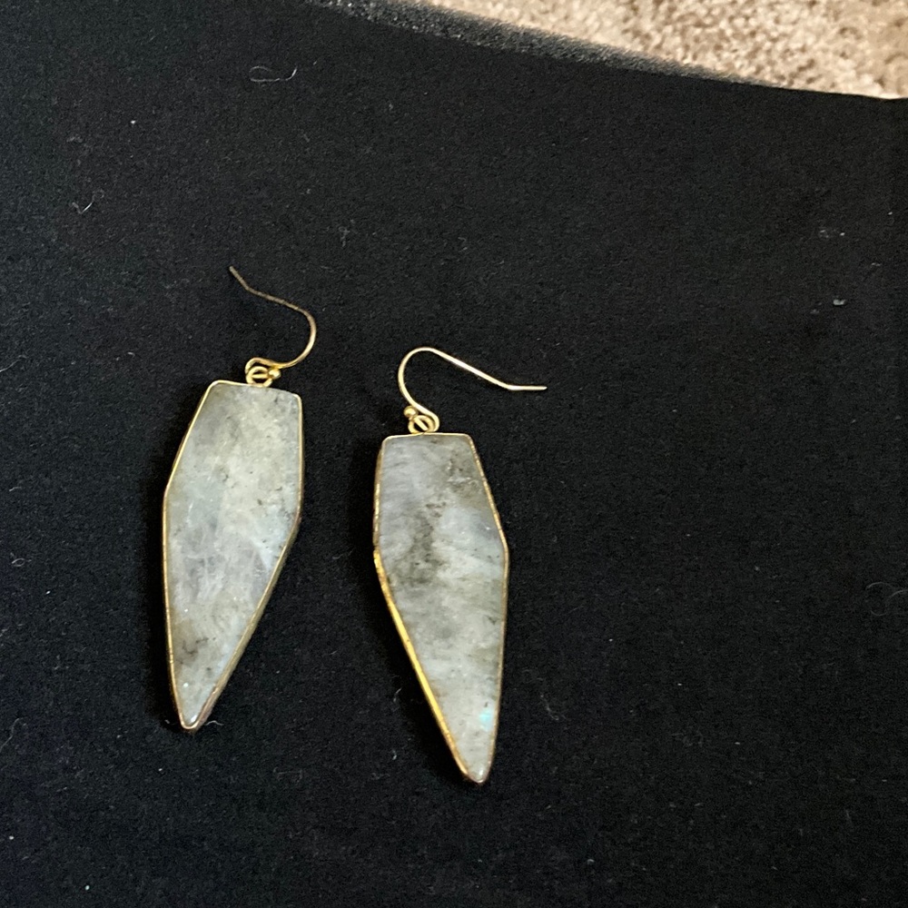 Gold-Trim Grey Stone Dangle Earrings - Women Jewelry